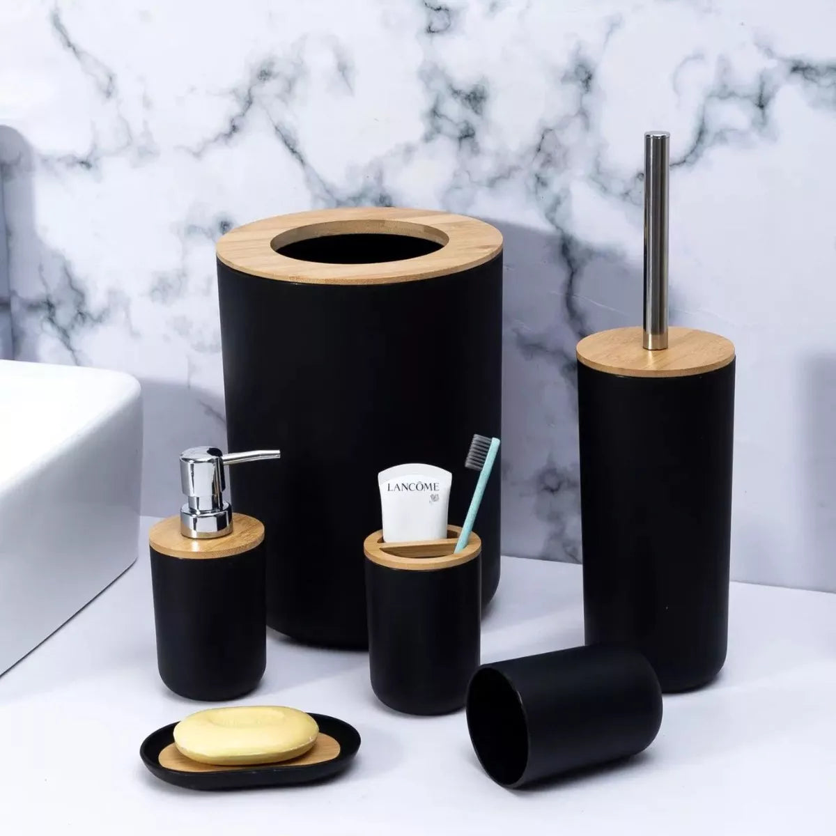 Kit Banheiro 6 Peças em Bambu e Plástico